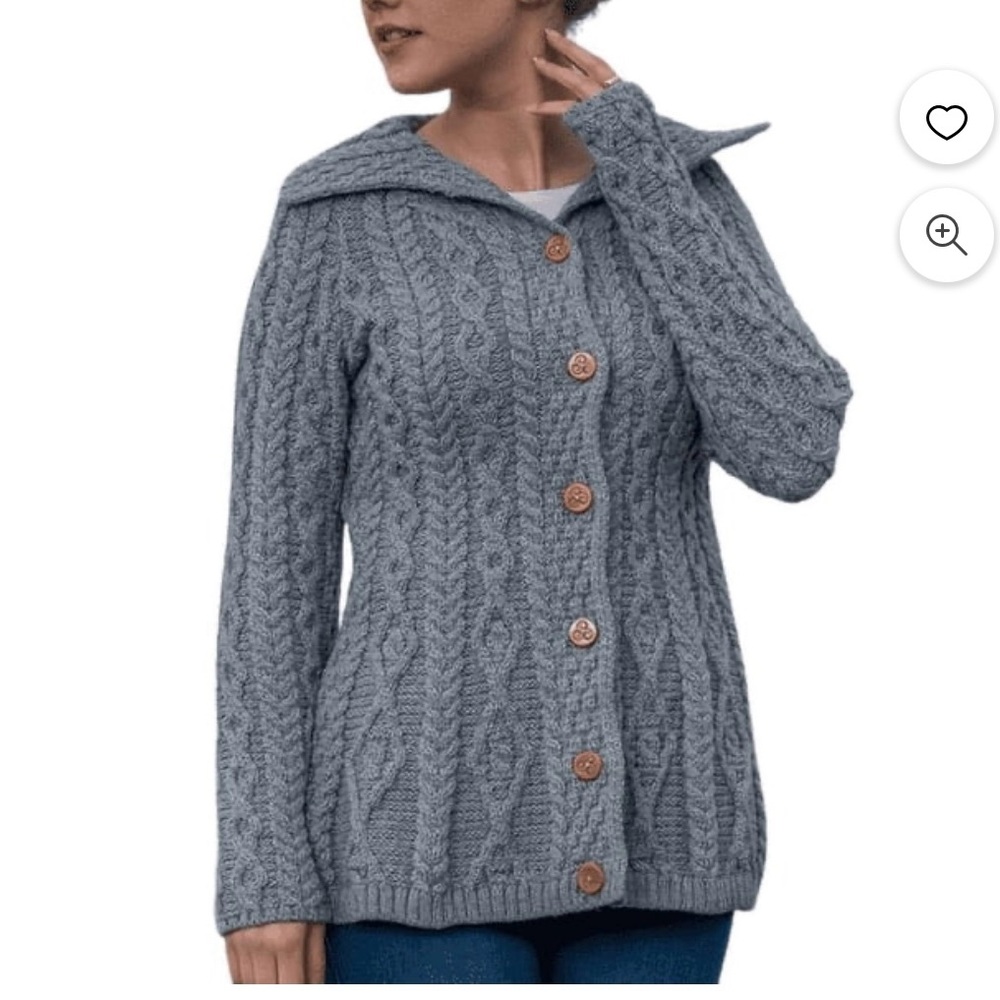 Aran Irish Gray Cable Knit Cardigan 100% Merino Wool Chunky with Buttons - Picture 4 of 4